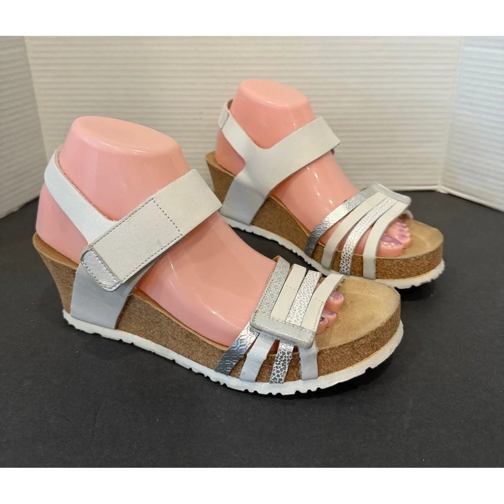 Mephisto Lucia White Silver Leather Cork Slingback Wedge Sandals Sz 9.5 EU 40